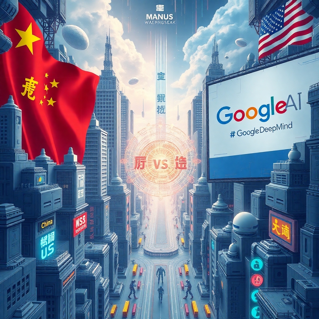 A futuristic AI battle between China and the US, showcasing high-tech cityscapes with glowing data streams. On one side, Chinese AI companies like Manus and DeepSeek, represented by a red and gold cyber city. On the other side, American AI giants like OpenAI and Google DeepMind, symbolized by a blue and white futuristic skyline. Advanced AI robots and digital holograms illustrate the AI competition between the two superpowers.